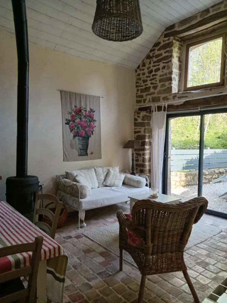 Salon avec poêle à bois et mur en pierre